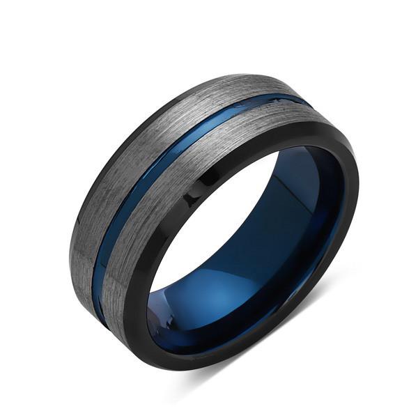 ATOP Jewelry -  Blue Tungsten Wedding Band - Gray Brushed Tungsten Ring - 8mm - Mens