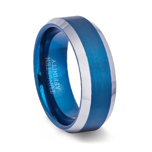 Brushed Blue Tungsten Ring Polished Beveled Band