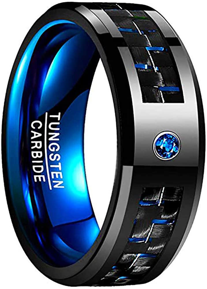 NUNCAD Men&#39;s 8mm Black Tungsten Carbide Ring Blue Rings for Men Blue Carbon  Fiber Polished Finish Comfort Fit Size 6-15 | Amazon.com