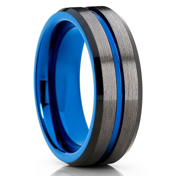 ATOP Jewelry -  Blue Tungsten Ring - Blue Wedding Band - Gunmetal Tungsten Ring