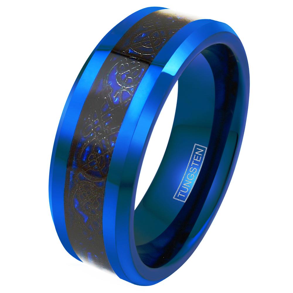 ATOP Jewelry -  Stunning Blue Tungsten Ring with Black Celtic Dragon on Deep Cobalt Blue