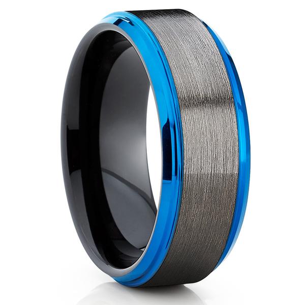 ATOP Jewelry -  Blue Tungsten Ring - Tungsten Wedding Band - Gunmetal - Black Tungsten