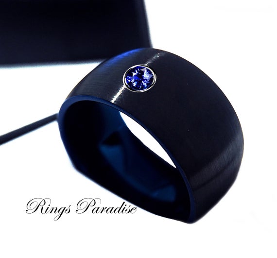 ATOP Jewelry -  Mens Tungsten Ring Blue Round Sapphire Tungsten Carbide Ring