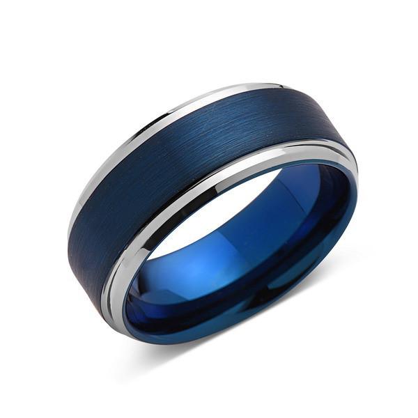ATOP Jewelry -  Blue Tungsten Wedding Band - Silver Brushed Tungsten Ring - 8mm - Mens