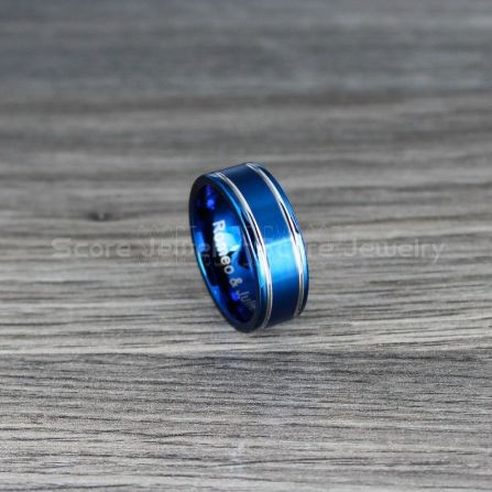 Blue Tungsten Ring, Blue Tungsten Wedding Band, Blue Wedding Band with  Silver Grooves, Blue Wedding Ring,