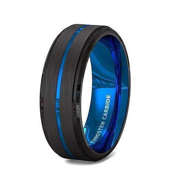 Men&#39;s Tungsten Carbide Ring with Black Brushed Thin Blue Groove Step Edges  8mm– TheArtisanRings