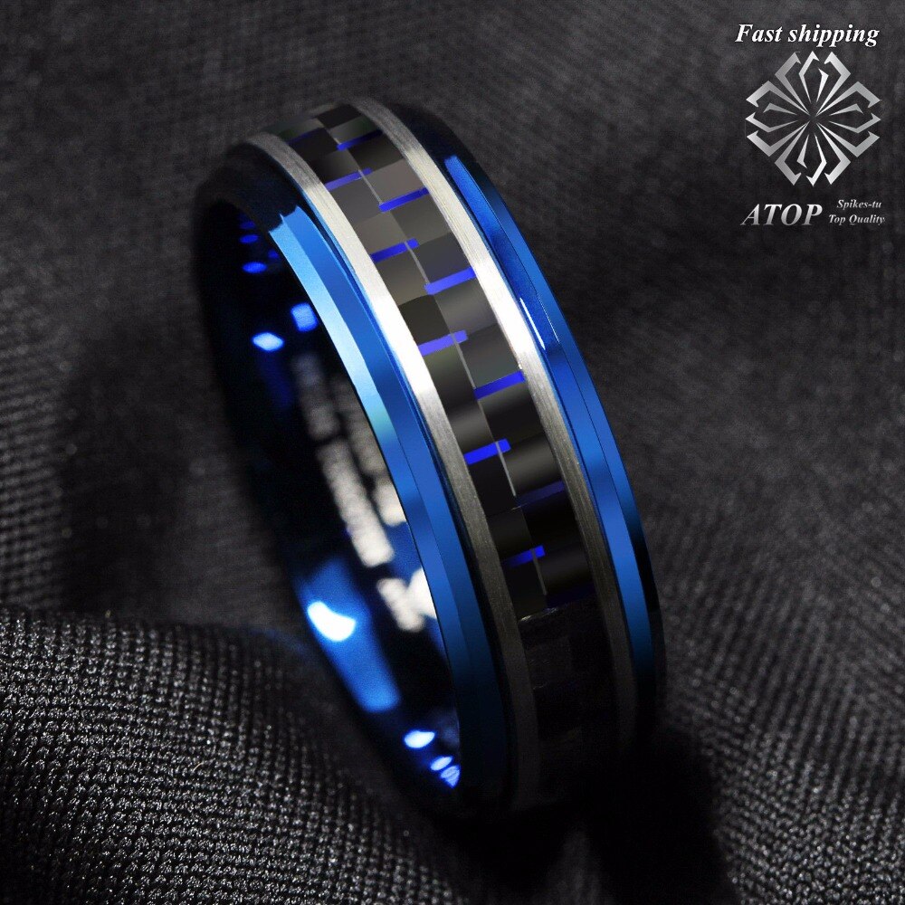 ATOP 8mm Men&#39;s jewelry Blue Tungsten Ring Black and Blue Carbon Fiber  Wedding Band Free Shipping|tungsten ring|wedding bandblue tungsten rings -  AliExpress