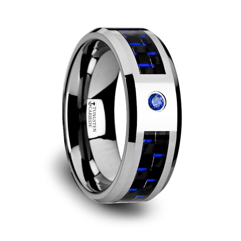 Neptune Tungsten Carbide Ring With Black And Blue Carbon Fiber And Blue  Sapphire Setting With Bevels - On Sale - Overstock - 16645104