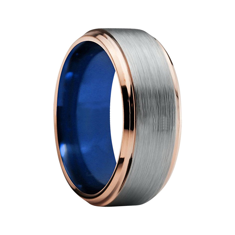 8 mm Tungsten Rings - Gold Step Edges and Blue Sleeve Design &quot;Champagne&quot; | Tungsten  Rings.com