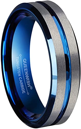 Queenwish 6mm Tungsten Ring for Men Women Blue Silver Groove Men&#39;s Wedding  Bands Beveled Edges Promise Rings Size 4 to 13|Amazon.com