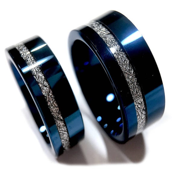 ATOP Jewelry -  Wedding Bands Blue Meteorite Inlay Rings His and Her