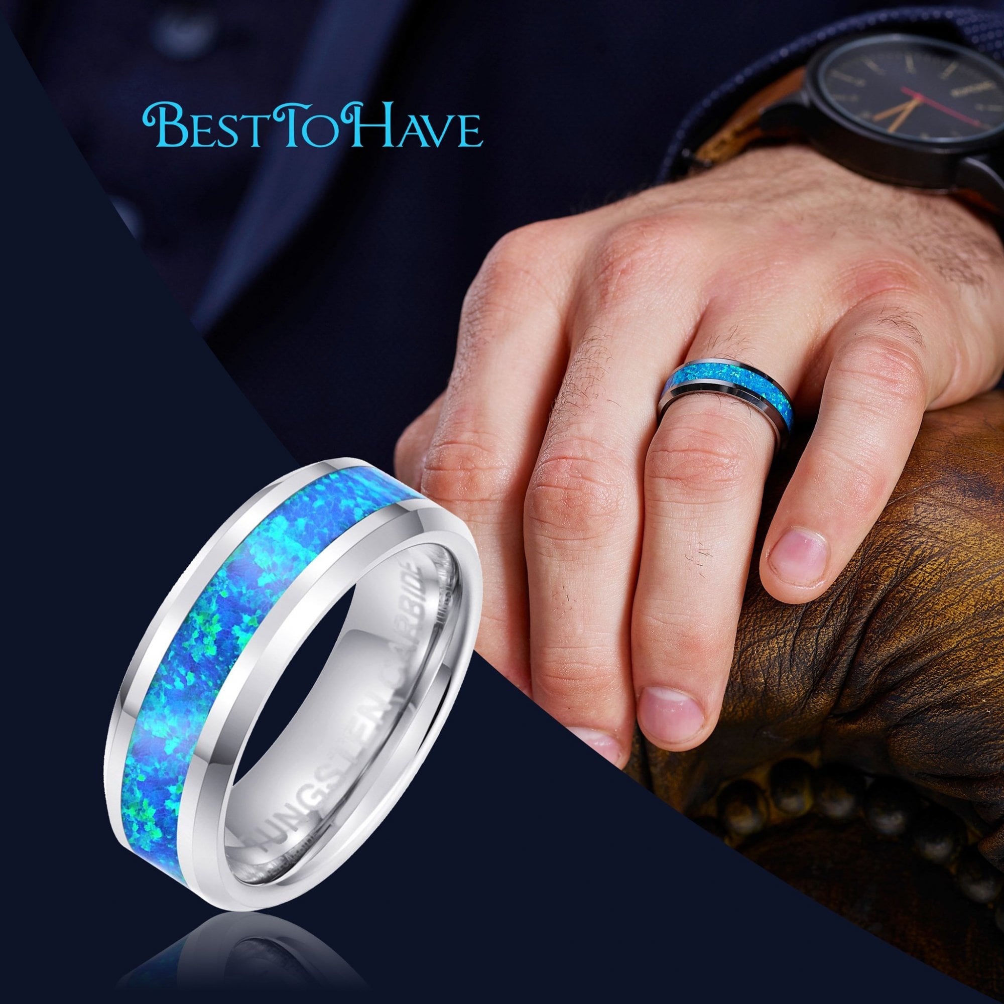 ATOP Jewelry -  Genuine Opal Blue/ Green Tungsten Carbide Wedding Ring Band