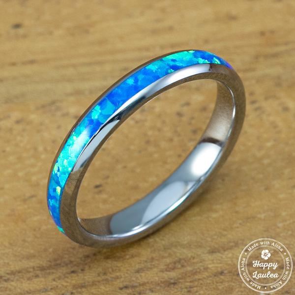 Petite Tungsten Carbide Blue Opal Ring - 3mm, Dome Shape, Comfort Fitm