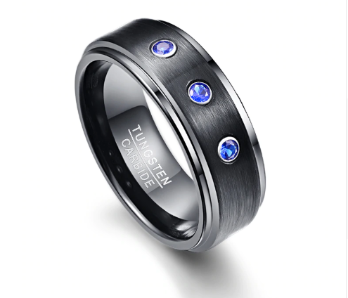 8mm Black Tungsten Wedding Band with Blue Stones