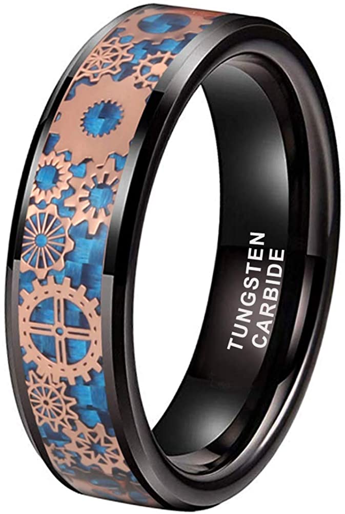 Amazon.com: iTungsten 6mm 8mm Silver/Black Tungsten Rings for Men Women  Steampunk Gear Wheel Blue/Purple Carbon Fiber Inlay Beveled Edges Comfort  Fit: Jewelry