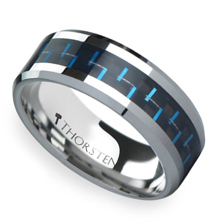 Black &amp; Blue Carbon Fiber Inlay Tungsten Carbide Men&#39;s Ring (8mm)