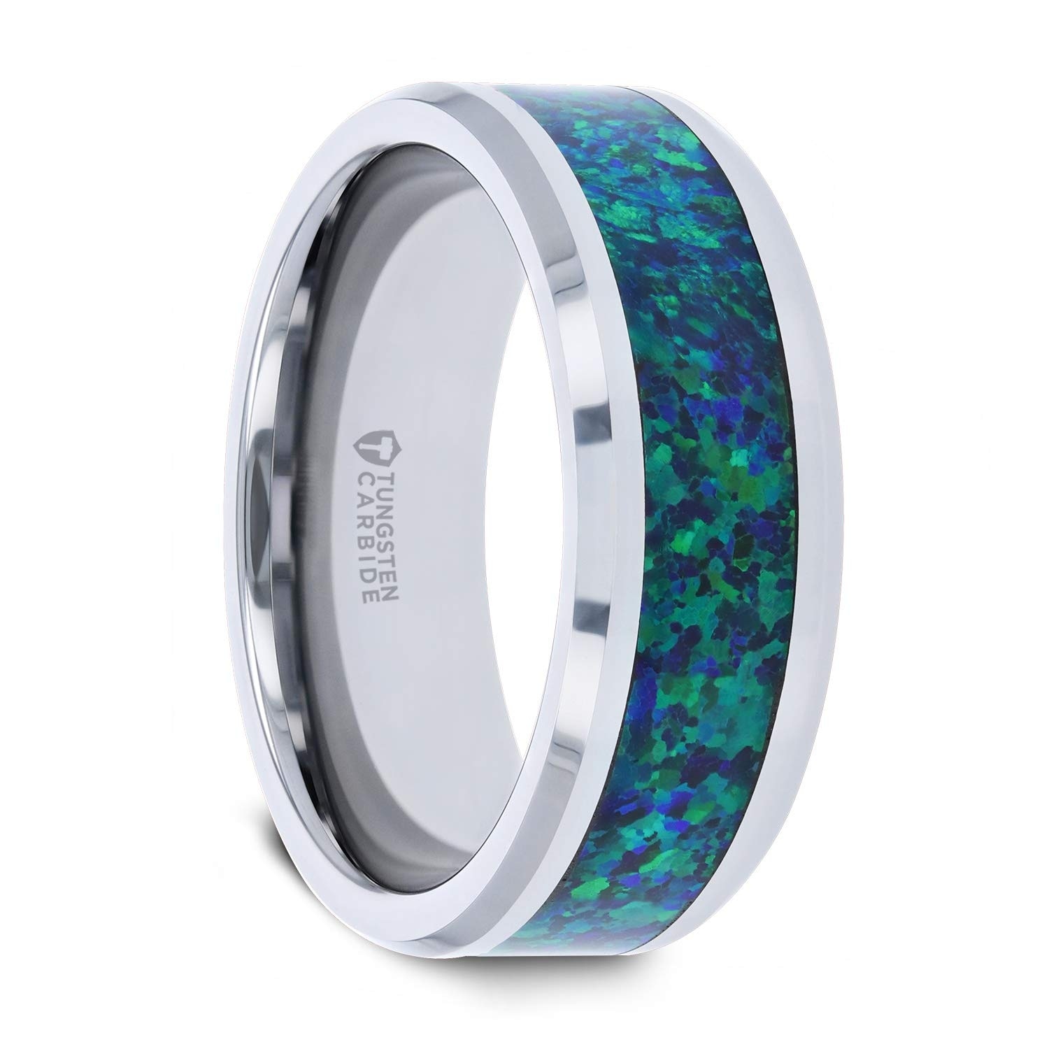 Wedding Ring Band Emerald Green and Sapphire Blue Opal Inlay Polished