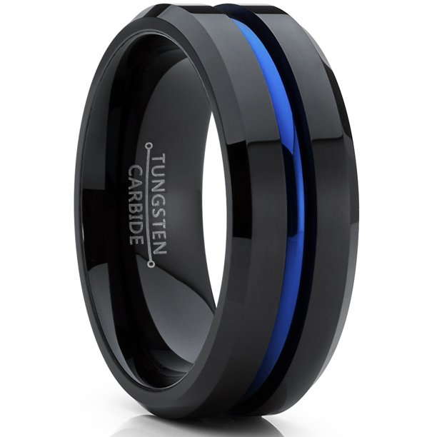 RingWright Co. - Men&#39;s Tungsten Carbide Black and Blue Wedding band  Engagement Ring with Grooved Center, Comfort Fit 8mm - Walmart.com -  Walmart.com