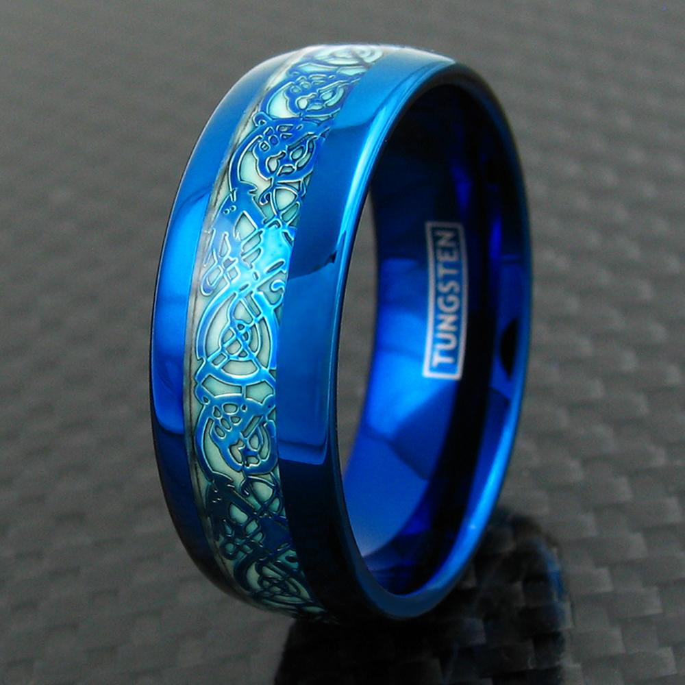 ATOP Jewelry -  Magnificent Royal Blue Tungsten Ring with Blue Celtic Dragon on Glow