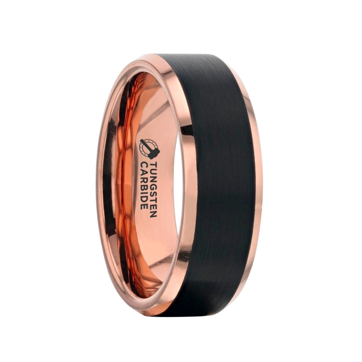 Thorsten HAYDEN | Mens Tungsten Rings | Rose Gold Plated Tungsten Polished  Beveled Wedding Ring Band Brushed Black Center - 8mm - Overstock - 26889589
