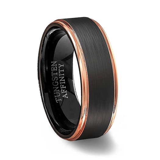 Black Tungsten Ring Brushed Finish and Polished Rose Gold Step Edges