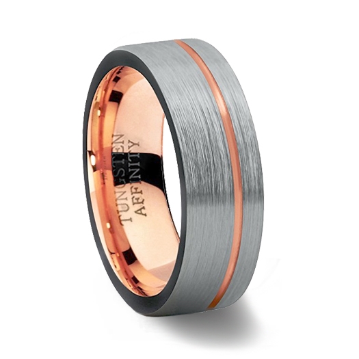 ATOP Jewelry -  Brushed Tungsten Ring with Rose Gold Offset Channel