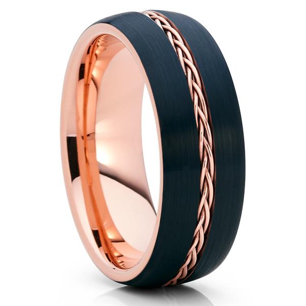 8mm - Rose Gold Tungsten - Black Wedding Band - Braid Ring - Tungsten Ring  – Clean Casting Jewelry