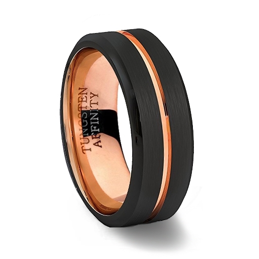 Black Tungsten Ring Brushed Finish and Polished Center Rose Gold Channel