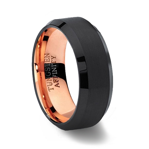 Black and Rose Gold Tungsten Ring Brushed Finish and Polished Beveled Edge