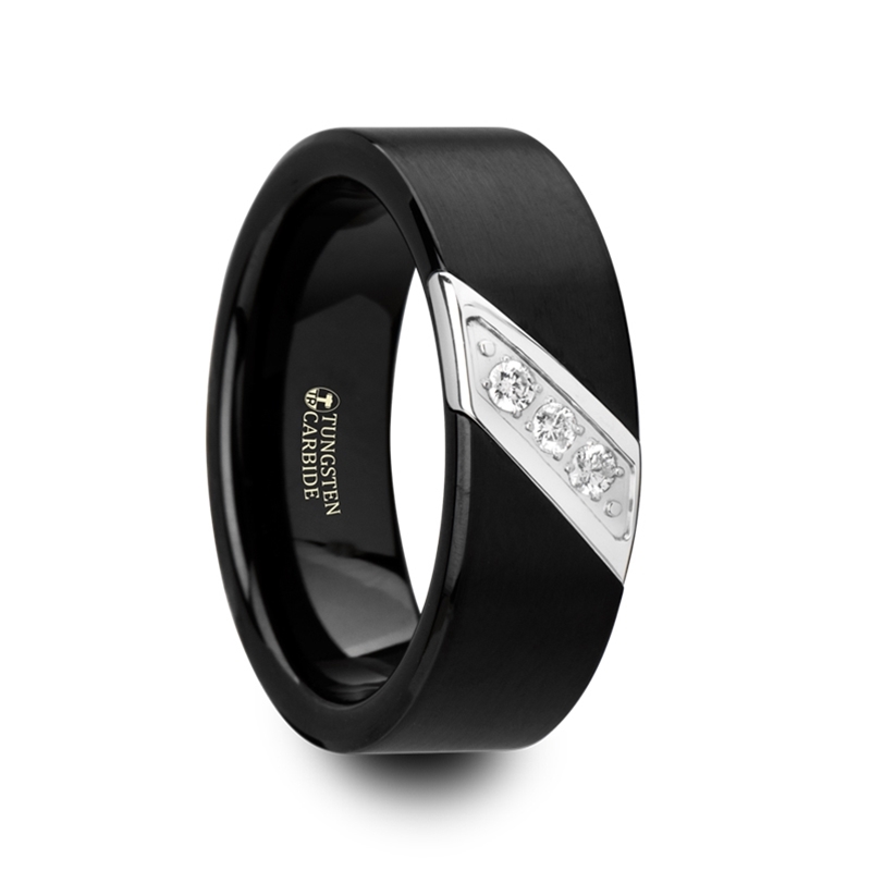 Black Tungsten with Diagonal Diamonds &quot;Martin&quot; | Tungsten Rings.com