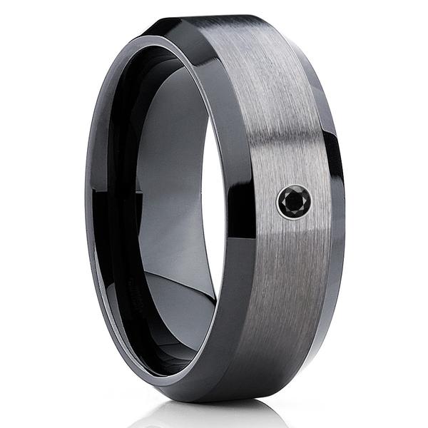 ATOP Jewelry - Tungsten Ring - Gunmetal Tungsten - Tungsten Band - Black Diamond