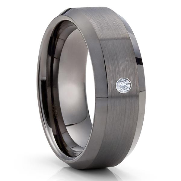 ATOP Jewelry -  8mm Gunmetal Tungsten Ring - White Diamond Ring