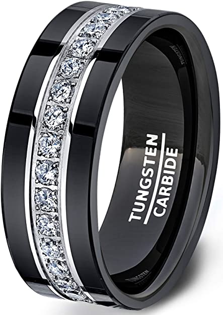 ATOP Jewelry - Duke Collections Mens Wedding Band in Black Tungsten with Cubic Zircon Fully Stacked Comfort Fit