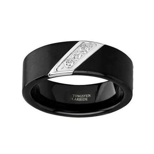 White Diamond Black Tungsten Wedding Ring Flat Brushed with 3 Diamonds -  8mm– TheArtisanRings