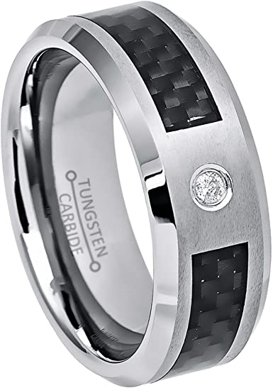 ATOP Jewelry - 8mm Black Carbon Fiber Inlay Tungsten Carbide Wedding Ring Mens Anniversary Band 0.05ct Diamond Tungsten Ring