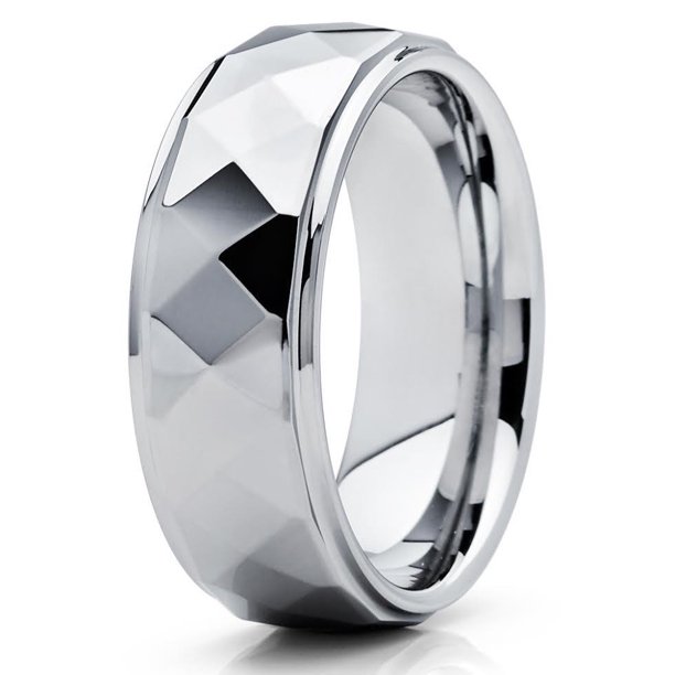 8mm Tungsten Carbide Ring Diamond Facet Men Women Comfort Fit Tungsten Wedding Band Polished Silver Tungsten Ring