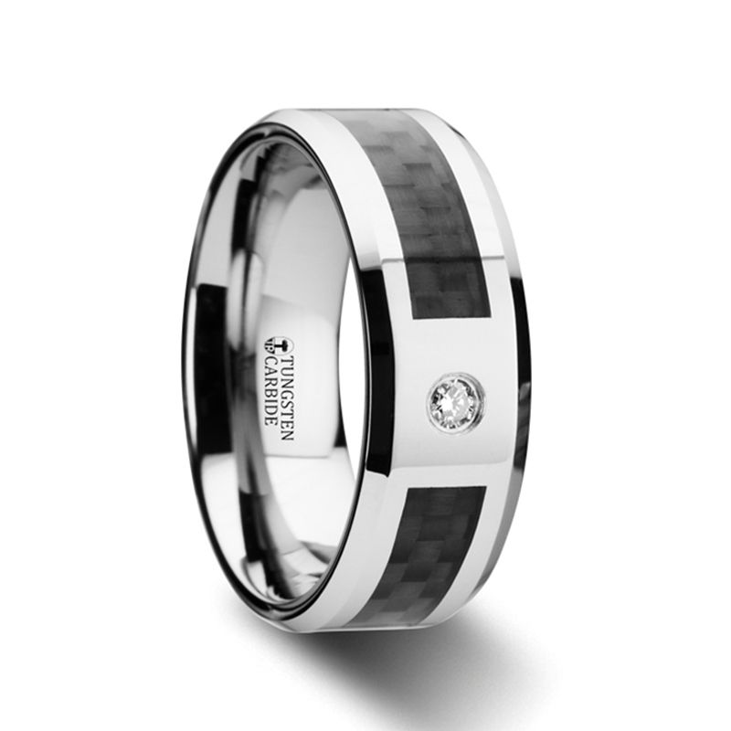 CAYMAN Tungsten Carbide Ring with Black Carbon Fiber and White Diamond  Setting with Bevels - 8mm | Larson Jewelers
