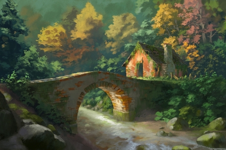森林 桥梁 房屋 河流风景绘画4k壁纸
